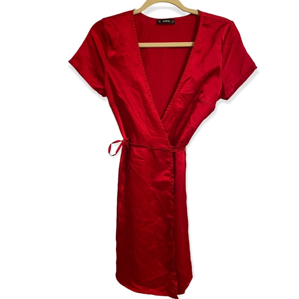 Shein Red Short Sleeve Shiny V-Neck Wrap Mini Dress Size Small